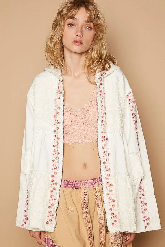 POL Embroidered Lace Patch Zip Up Hooded Jacket In Ivory Print Jacket Jacquard Jacket Embroidered Jacket Print Jacket Jacquard Jacket Embroidered Jacket