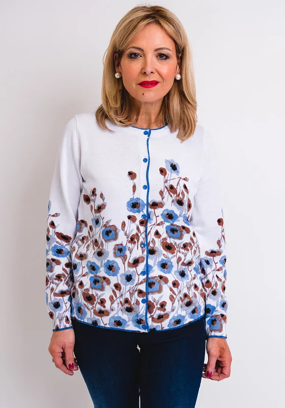 Leon Collection Floral Fine Knit Cardigan, White & Blue Fitted Loose Oversized Fitted Loose Oversized Leon Collection Floral Fine Knit Cardigan, White & Blue Fitted Loose Oversized Fitted Loose Oversized
