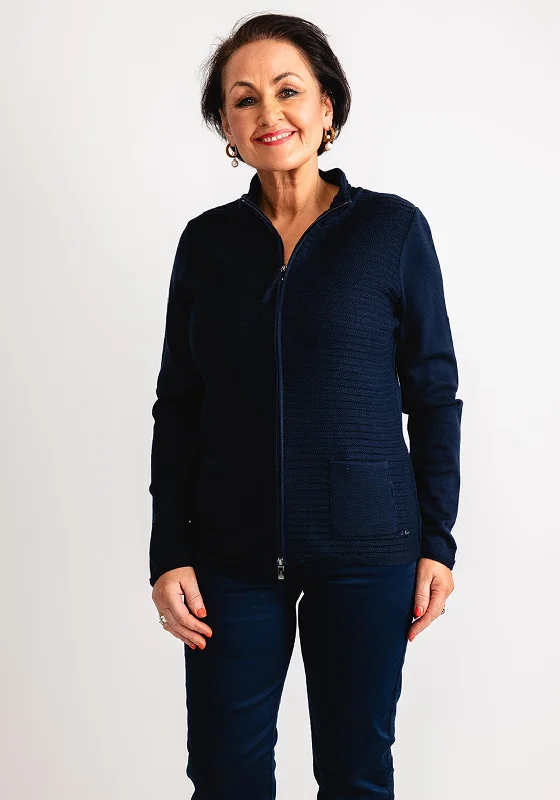 Olsen Eva Zip Up Knitted Cardigan, Navy Elasticated Padded Insulated Elasticated Padded Insulated