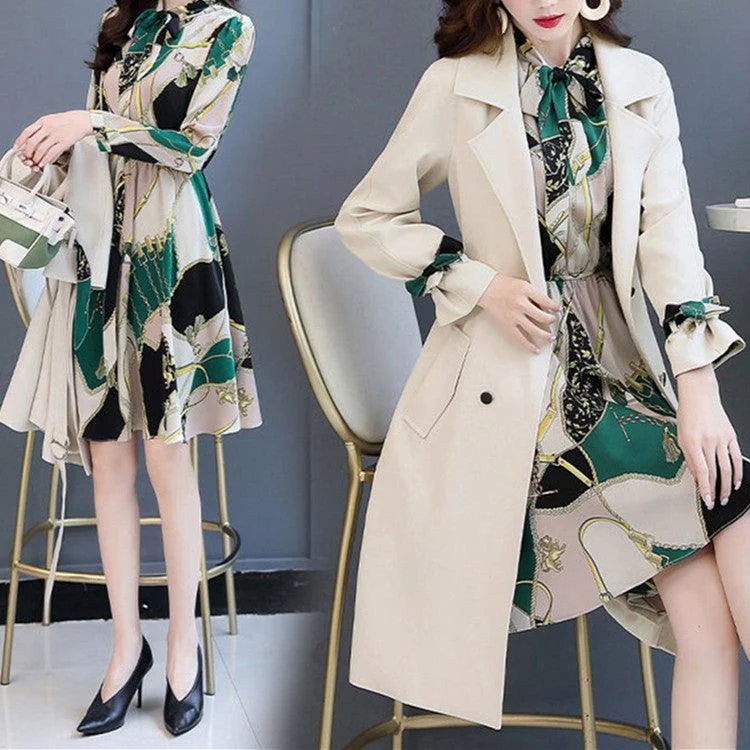 Flower spring fashion mid-length trench coat dress set Welt Pockets Slit Pockets Flap Pockets