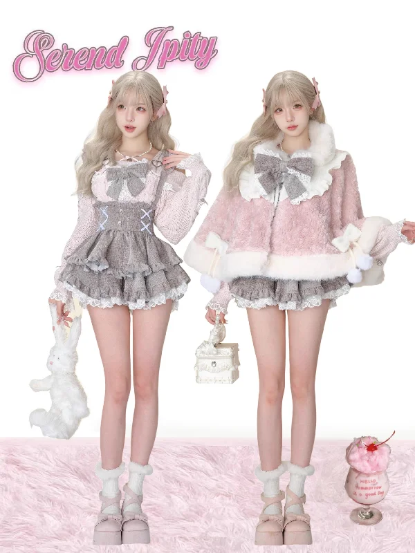 New Pink Plush Coat + Plaid Cake Skirt Herringbone Houndstooth Plaid
