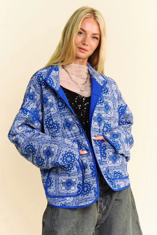 Davi & Dani Vintage Print Open Front Jacket with Pockets In Blue Knit Jacket Woven Jacket Fleece Jacket Knit Jacket Woven Jacket Fleece Jacket