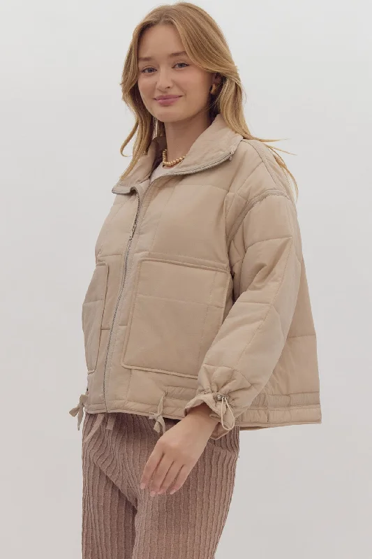 Quilted Zip Up Jacket- Bone Welt Pockets Slit Pockets Flap Pockets Welt Pockets Slit Pockets Flap Pockets