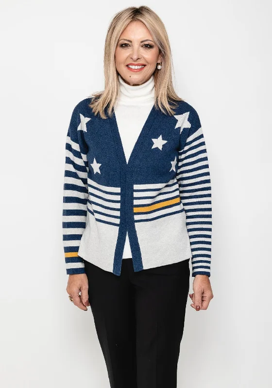 White Stuff Reversible Star Stripe Knit Cardigan, Grey Multi Patchwork Embroidered Appliqued Patchwork Embroidered Appliqued