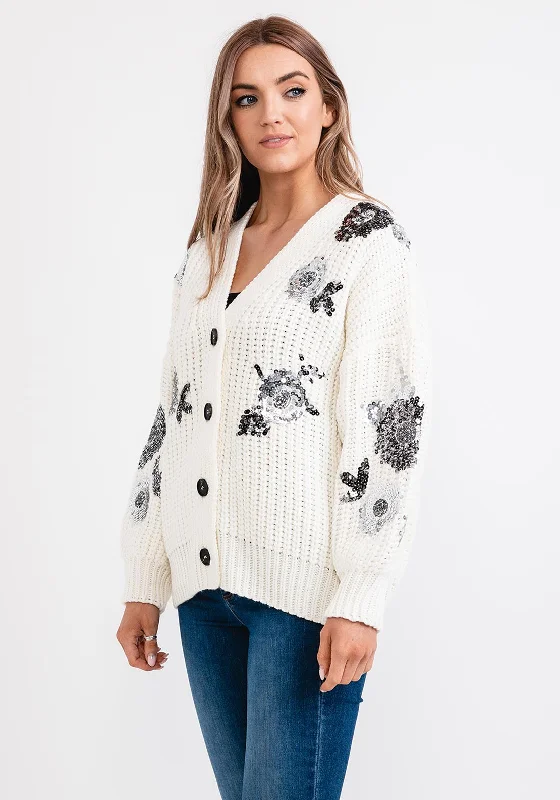Seventy1 One Size Chunky Knit Sequin Cardigan, White Solid Print Embellished Solid Print Embellished Seventy1 One Size Chunky Knit Sequin Cardigan, White Solid Print Embellished Solid Print Embellished