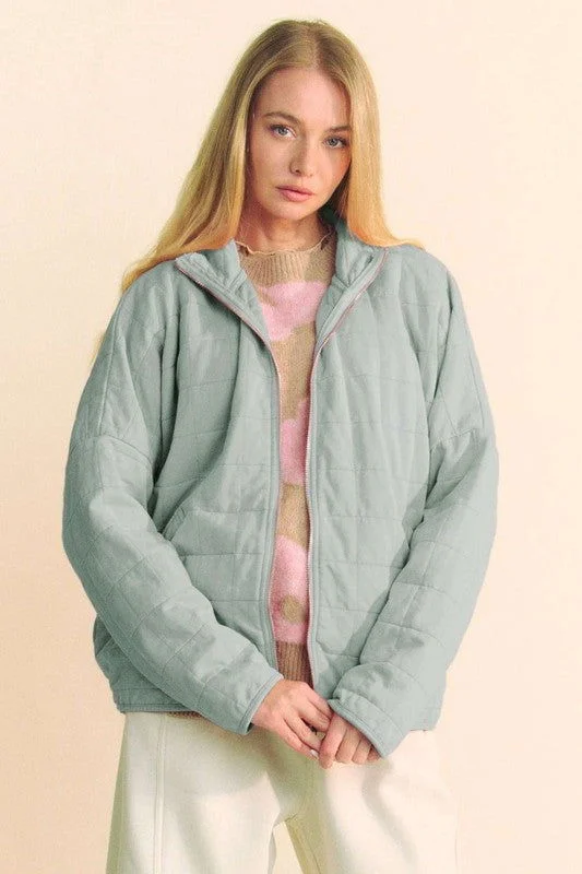 Davi & Dani Quilted Zip Up Dropped Shoulder Jacket In Blue Cotton Jacket Linen Jacket Terry Jacket Cotton Jacket Linen Jacket Terry Jacket