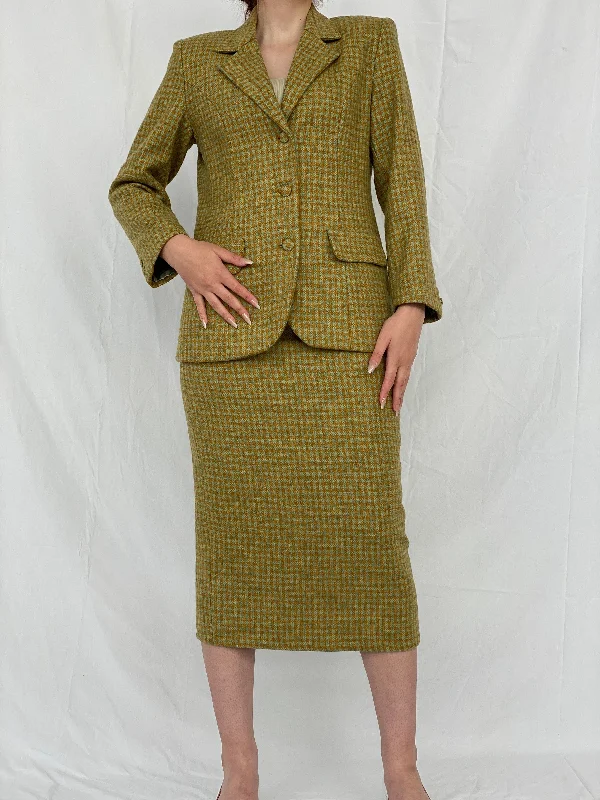 Vintage Handmade Checkered Yellow & Green Wool Blend Blazer Skirt Set - M Slimming Women's Blazer
