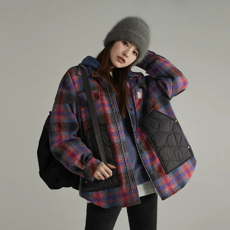 Color Block Check Loose Fit Coat Parka Down Jacket Wool Coat
