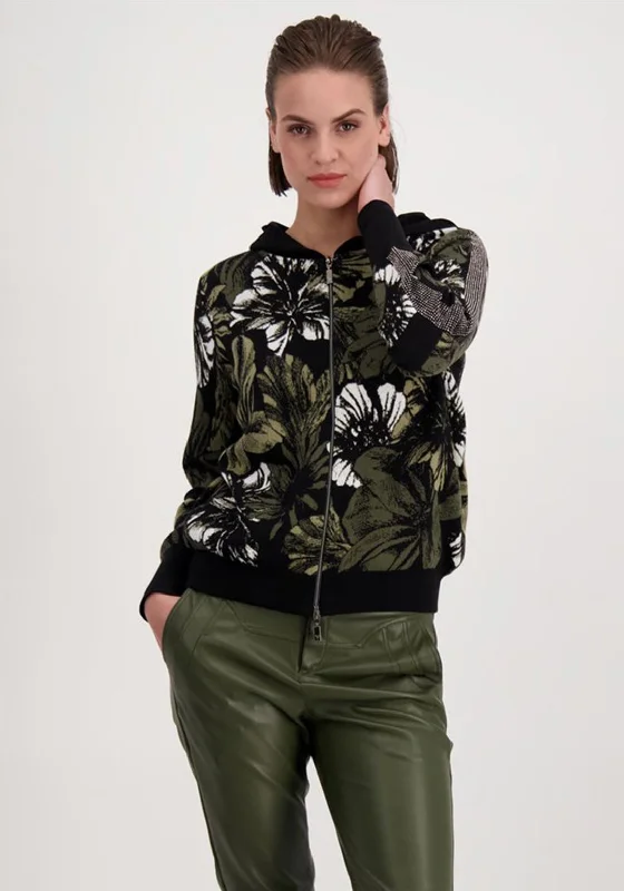 Monari Floral Zipped Knit Cardigan, Green & Black Hooded Cardigan Collared Cardigan Shawl Collar Hooded Cardigan Collared Cardigan Shawl Collar