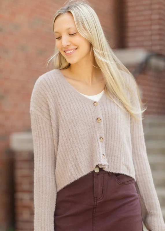 Taupe Solid Casual Knit Cardigan Spandex Rayon Corduroy Spandex Rayon Corduroy