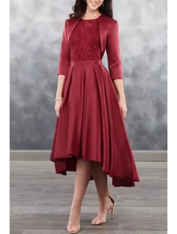 Two Piece Hi Low Scoop Neck Satin Mother of Bride Dress, 3/4 Sleeve Coat Shawl Collar Notch Collar Lapel Collar
