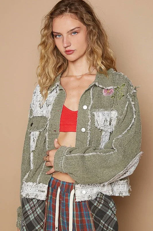 POL Crochet Patch Embroidered Button Up Jacket In Olive Notch Collar Peter Pan Collar Cowl Neck Notch Collar Peter Pan Collar Cowl Neck
