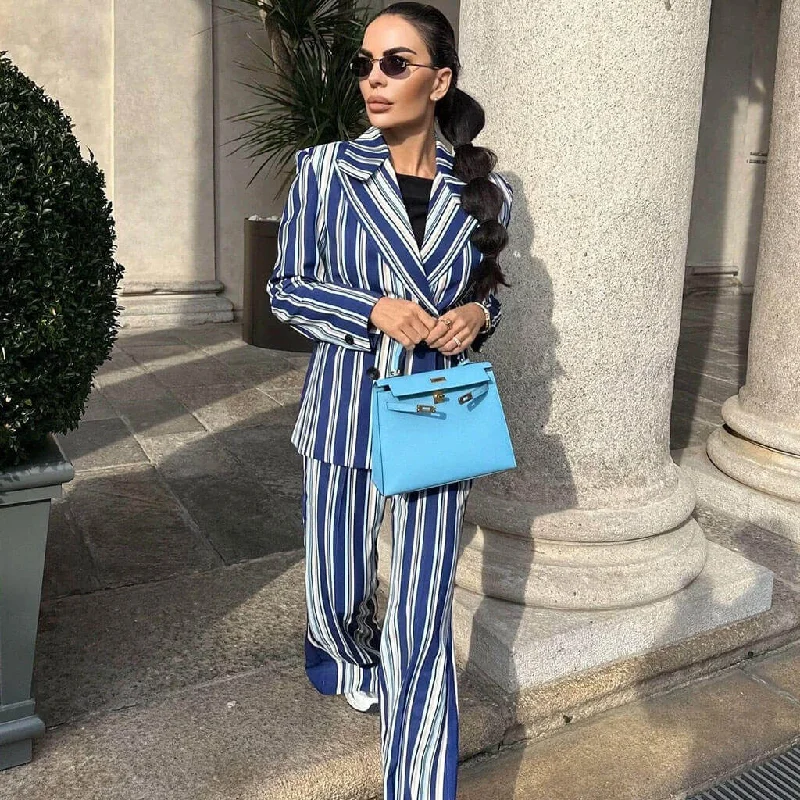 Powerful Contrast Striped Flare Suit Pant Double Breasted Blazer Matching Set Women's Daily Blazer
