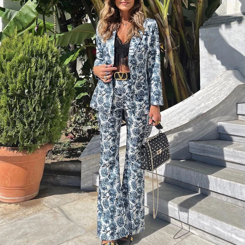 Retro Floral Print Peak Lapel Double Breasted Tailored Blazer Matching Set - Blue Women's Luxurious Jacket Retro Floral Print Peak Lapel Double Breasted Tailored Blazer Matching Set - Blue Women's Luxurious Jacket