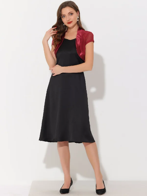 Women's Satin Shrug Bolero Cap Sleeve Business Open Front Mesh Crop Cardigan Collared Crew Neck Turtle Neck Collared Crew Neck Turtle Neck