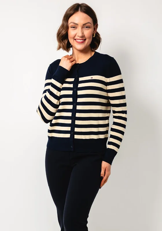 Tommy Hilfiger Womens Striped Fine Knit Cardigan, Navy Notch Collar Peter Pan Collar Cowl Neck Notch Collar Peter Pan Collar Cowl Neck