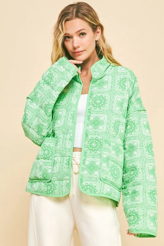 Davi & Dani Vintage Print Open Front Jacket with Pockets In Green Fleece Jacket Down Jacket Feather Jacket Fleece Jacket Down Jacket Feather Jacket