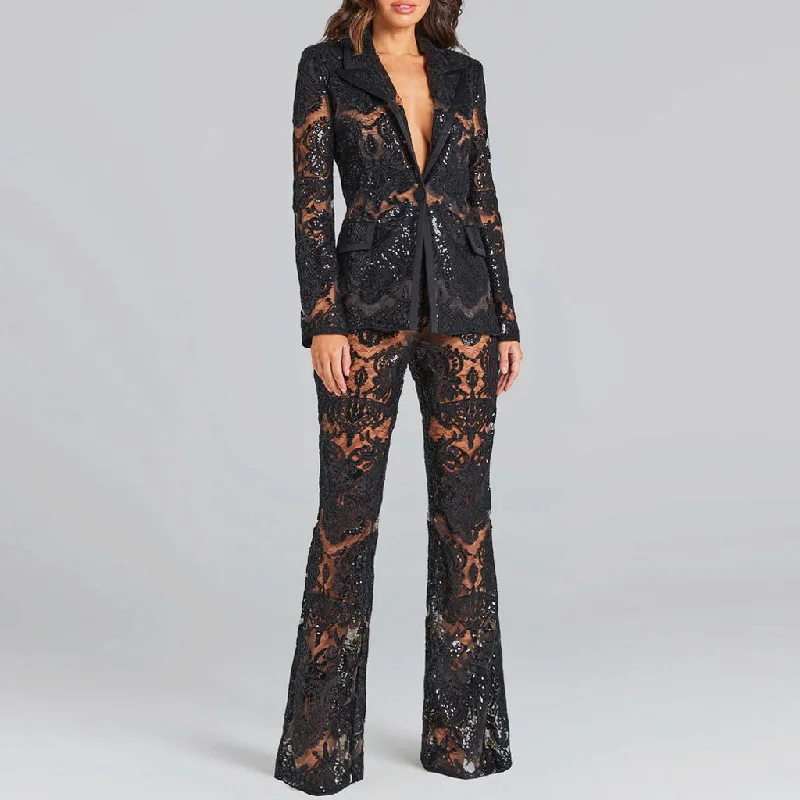 Ornate Floral Embroidered Bootcut Sheer Mesh Sequined Blazer Matching Set Women's Unique Blazer Ornate Floral Embroidered Bootcut Sheer Mesh Sequined Blazer Matching Set Women's Unique Blazer