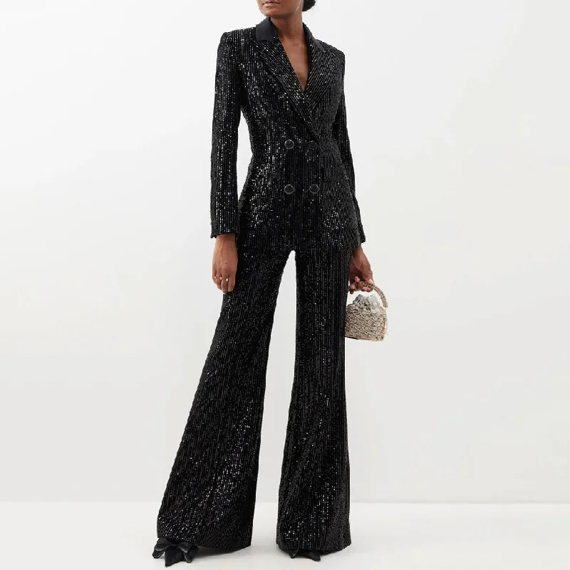 Lavish Flare Suit Pant Peak Lapel Double Breasted Sequin Blazer Matching Set Women's Premium Blazer Lavish Flare Suit Pant Peak Lapel Double Breasted Sequin Blazer Matching Set Women's Premium Blazer