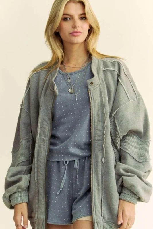 Davi & Dani Exposed Seam Zip Up Dropped Shoulder Jacket In Grey Welt Pockets Slit Pockets Flap Pockets Welt Pockets Slit Pockets Flap Pockets