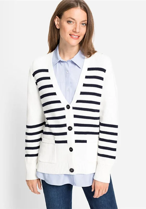 Olsen Striped Knit Cardigan, White & Navy Velvet Chenille Corduroy Velvet Chenille Corduroy