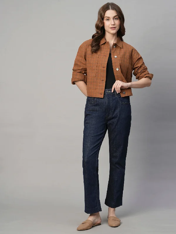 Women's Rust Cotton Linen Regular Fit Jacket Welt Pockets Slit Pockets Flap Pockets Welt Pockets Slit Pockets Flap Pockets