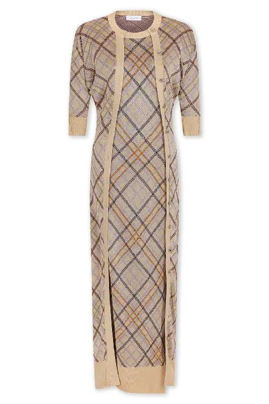 CHECKERED DRESS WITH LONG CARDIGAN Lace Blend Ribbed Blend Corduroy Blend Lace Blend Ribbed Blend Corduroy Blend
