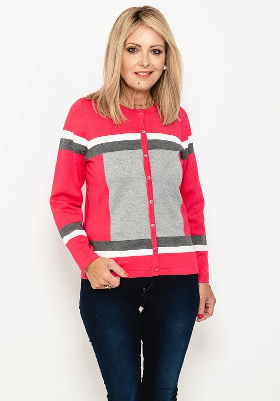 Micha Colour Block Fine Short Cardigan, Pink Multi Real Fur Shearling Chenille Real Fur Shearling Chenille