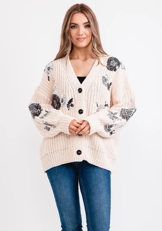 Seventy1 One Size Chunky Knit Sequin Cardigan, Cream Sequined Glittery Shiny Sequined Glittery Shiny Seventy1 One Size Chunky Knit Sequin Cardigan, Cream Sequined Glittery Shiny Sequined Glittery Shiny