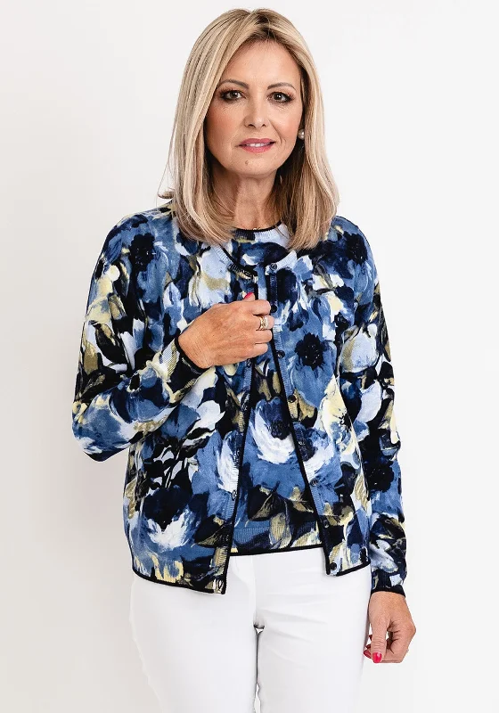 Micha Fine Knit Floral Cardigan, Blue Multi Glossy Satin Silk Glossy Satin Silk