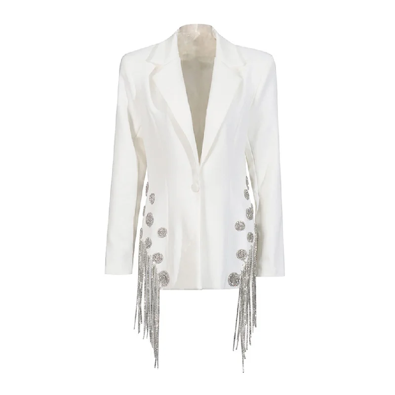 Sparkly Lapel Shoulder Pad Long Sleeve Spiral Rhinestone Fringe Blazer Women's Trendy Blazer