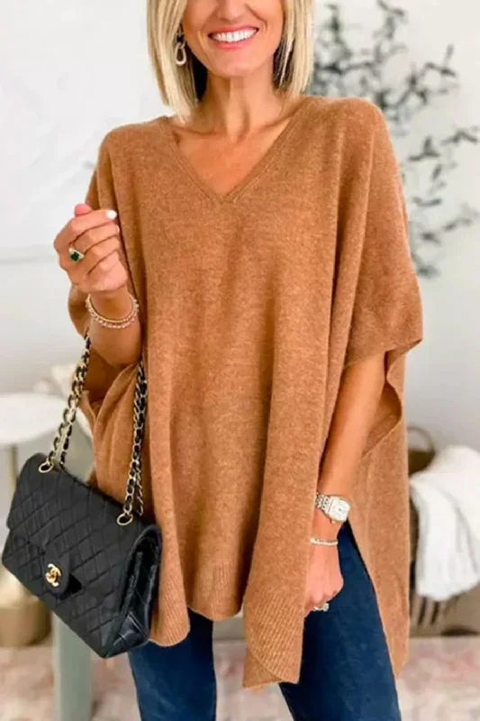 Slit V-Neck Half Sleeve Knit Top Casual Knit Blouse