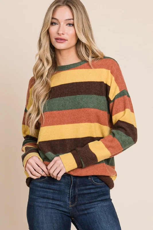 BOMBOM Multi-Color Striped Knit Top Retro Knit Shirt