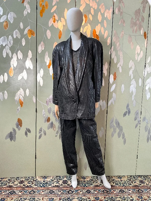 Vintage 1980s Black Textured Leather Pleated Pant and Blazer Set, Medium Women's Custom Jacket Vintage 1980s Black Textured Leather Pleated Pant and Blazer Set, Medium Women's Custom Jacket