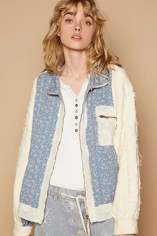 POL Floral Patchwork Zip Up Long Sleeve Jacket In Cream Chenille Jacket Brocade Jacket Lace Jacket Chenille Jacket Brocade Jacket Lace Jacket