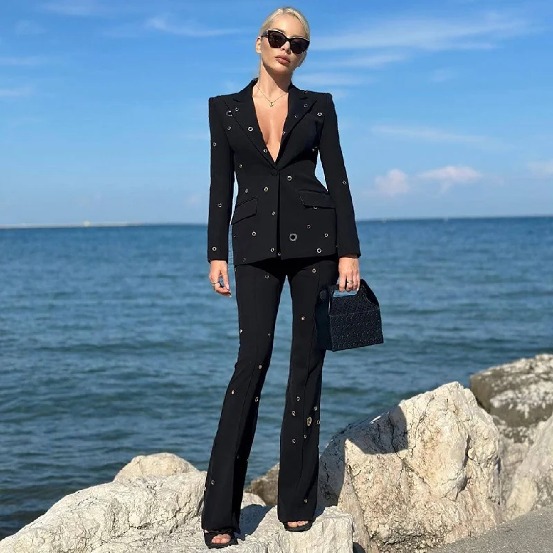 Edge Metallic Detail Peak Lapel Single Breasted Bootcut Blazer Matching Set Women's Fashion Blazer Edge Metallic Detail Peak Lapel Single Breasted Bootcut Blazer Matching Set Women's Fashion Blazer