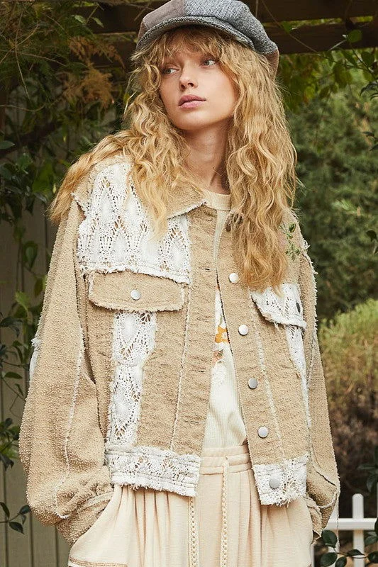 POL Crochet Patch Embroidered Button Up Jacket In Sand Front Pockets Side Pockets Patch Pockets Front Pockets Side Pockets Patch Pockets