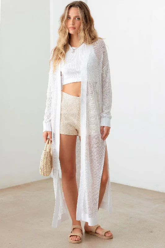 Long Sleeve Side Slit Net Knit Long Cover Up Cardigan Zippered Buttoned Snapped Zippered Buttoned Snapped