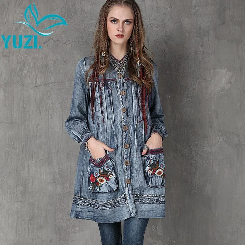 Coats Stand Collar Floral Embroidery Lantern Sleeve Dress Knit Woven Fleece