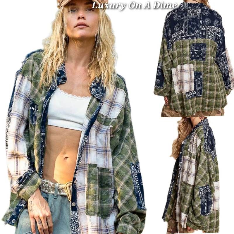 POL Shacket Floral Plaid Patchwork Oversized Long Sleeve Button-Up Shirt Jacket Rayon Fabric Velvet Fabric Corduroy Fabric Rayon Fabric Velvet Fabric Corduroy Fabric