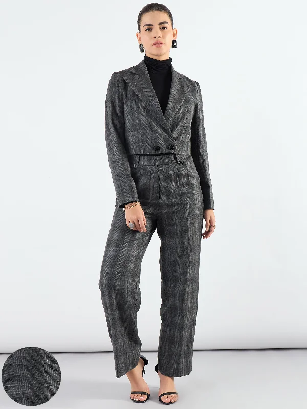 Stylish Grey Notched Lapel Checkered Warm Crop Blazer With Trouser Women's Elegant Suit Stylish Grey Notched Lapel Checkered Warm Crop Blazer With Trouser Women's Elegant Suit