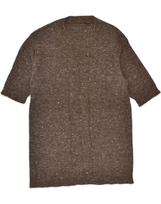 VINTAGE Womens Short Sleeve Knit Top UK 10 Small Brown Flecked Wool Trendy Knit Top