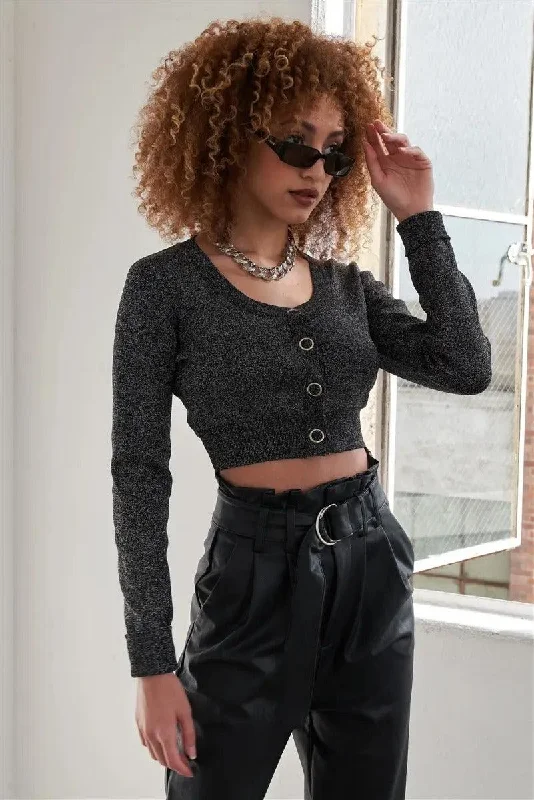 Sparkly Metallic Black Long Sleeve Crop Cardigan Open Front Closed Front Wrap Front Open Front Closed Front Wrap Front