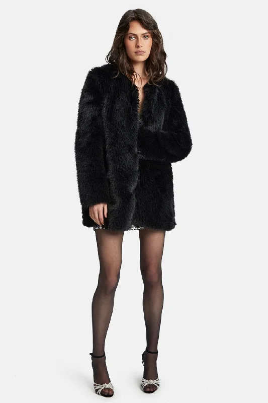 Logan Faux Fur Coat - Black Sequined Lace Ribbed