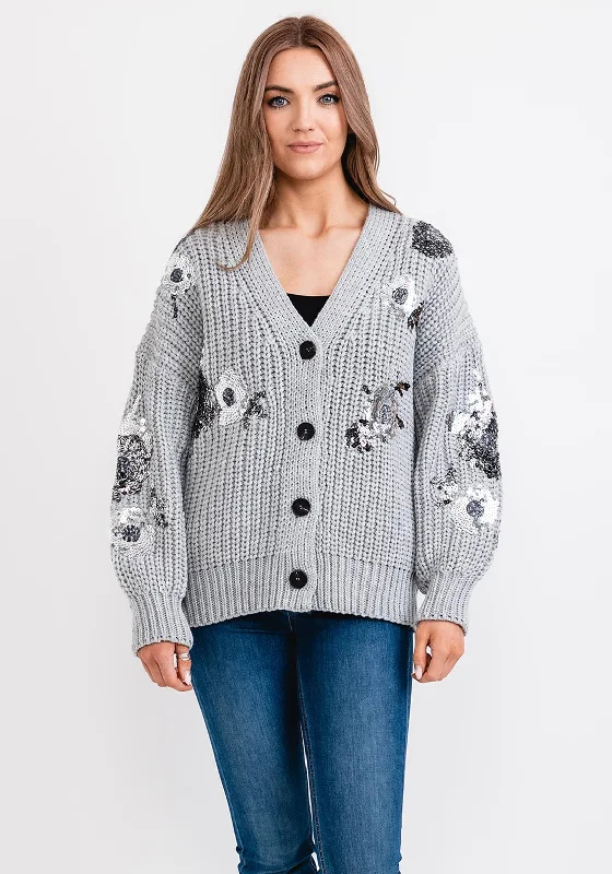 Seventy1 One Size Chunky Knit Sequin Cardigan, Grey Embroidered Appliqued Beaded Embroidered Appliqued Beaded Seventy1 One Size Chunky Knit Sequin Cardigan, Grey Embroidered Appliqued Beaded Embroidered Appliqued Beaded