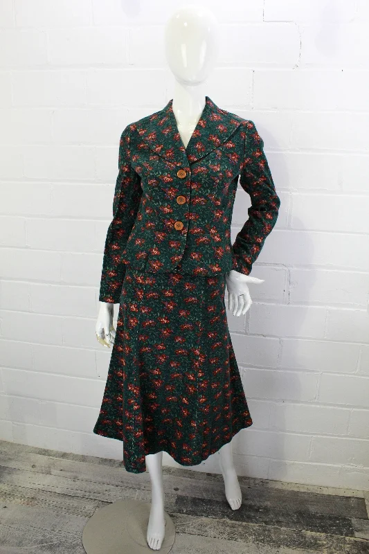 Vintage 1970s Corduroy Skirt Suit, Blazer and A-line Skirt, Teal Floral Print Corduroy, Deadstock, Small Women's Unique Blazer Vintage 1970s Corduroy Skirt Suit, Blazer and A-line Skirt, Teal Floral Print Corduroy, Deadstock, Small Women's Unique Blazer