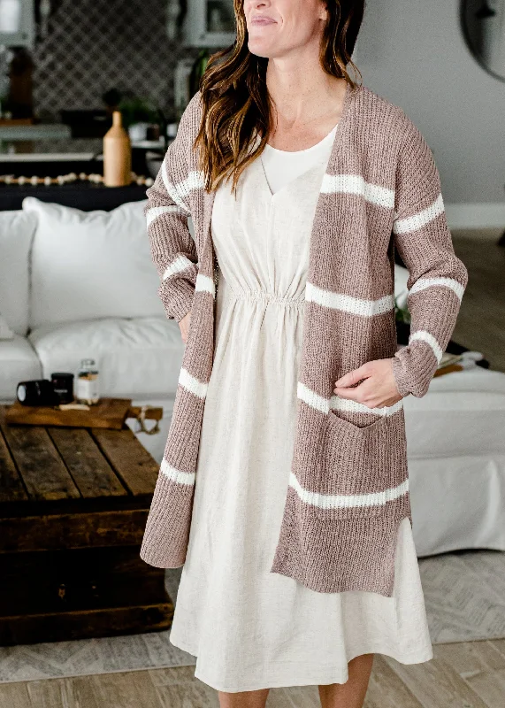 Basic Striped Light Weight Mocha Cardigan - FINAL SALE Fitted Slim Tailored Fitted Slim Tailored