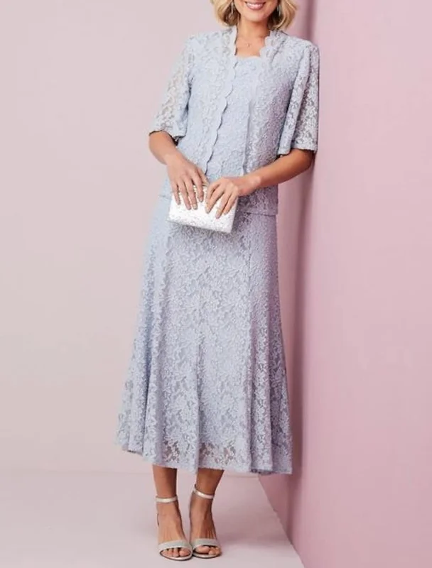 Two Piece A-line Calf Length Scalloped Neck Lace Mother of Bride Dress, Coat Trench Wool Cashmere