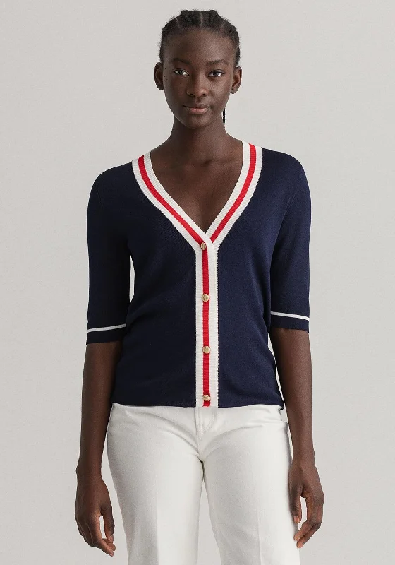 GANT Womens Contrast Trim Short Knit Cardigan, Navy Jersey Fabric Tulle Fabric Batik Fabric Jersey Fabric Tulle Fabric Batik Fabric