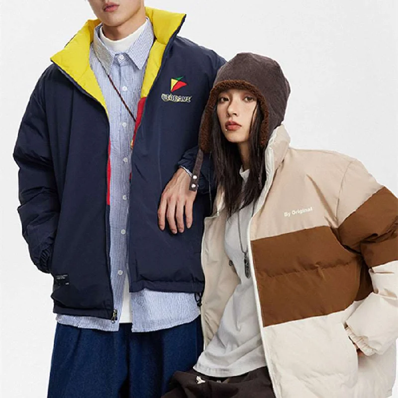 Unisex Couples Contrast Color Embroidered Stand Collar Coat - 2 in 1 wear Elasticated Drawstring Belted